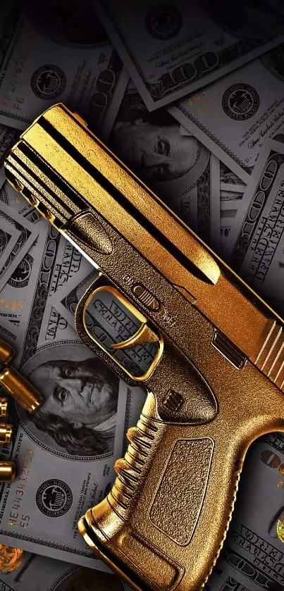 Golden gun on scattered dollar bills wallpaper for mobile.