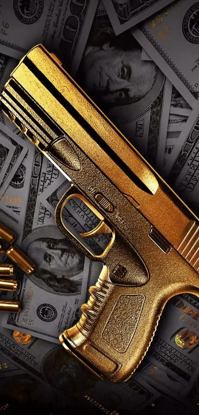 A golden gun on a bed of currency notes, exuding luxury and opulence.