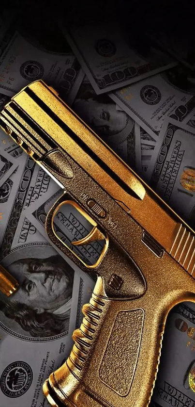 Golden gun on a bed of US dollar bills.