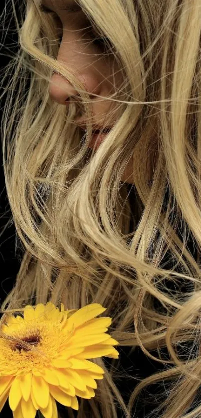 Close-up of golden hair with a bright yellow flower in focus.