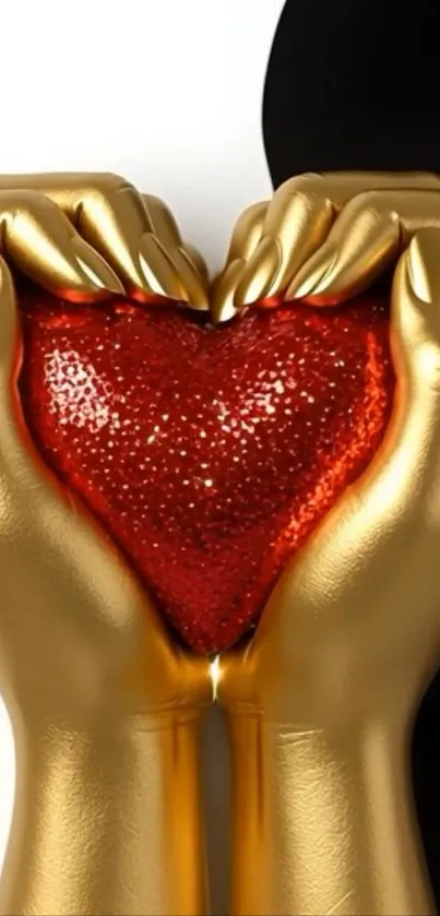 Golden hands holding a glittering red heart.