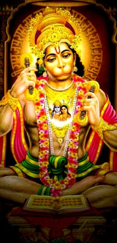 Golden Hanuman wallpaper with divine symbols and vibrant colors.