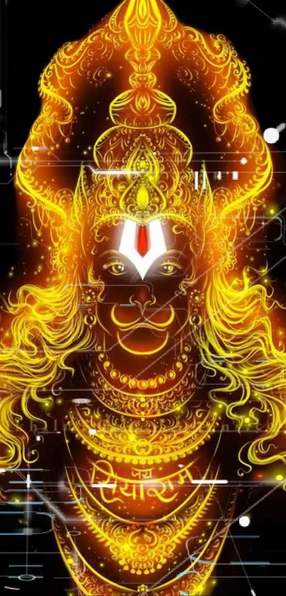 Vibrant golden digital art of Hanuman deity with intricate details.