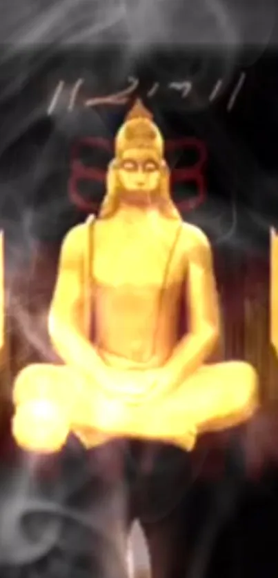 Golden Hanuman statue in meditation with smoke.