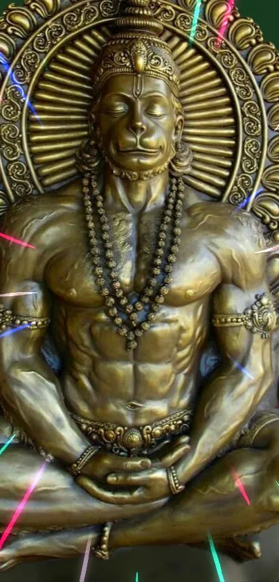 Intricate golden Hanuman statue with vibrant light accents.