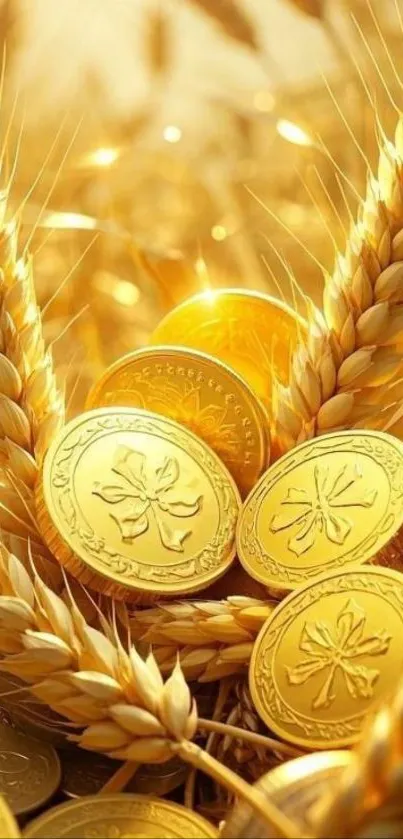 Golden coins and wheat stalks wallpaper symbolizing wealth and abundance.