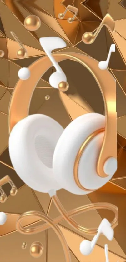 Elegant golden headphones with music notes on abstract background.