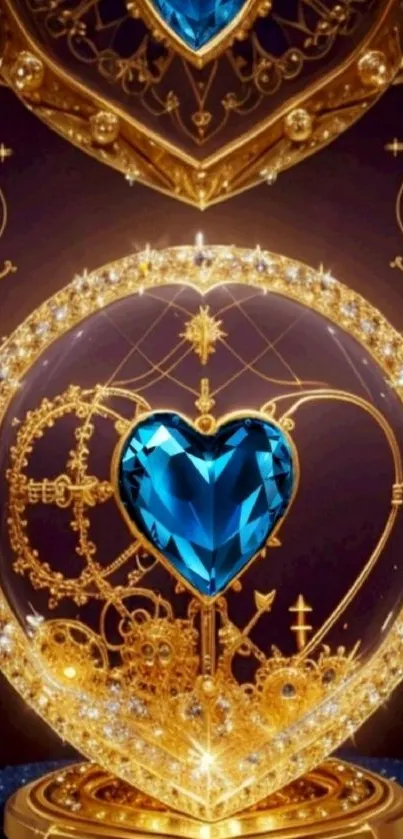 Blue heart gem with golden ornate design wallpaper.