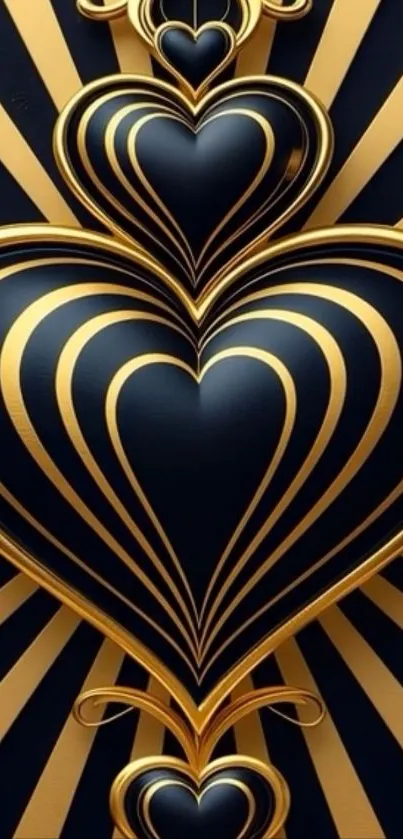 Abstract golden hearts with black stripes wallpaper.