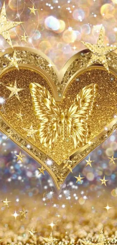 Golden heart with butterfly and sparkling stars on wallpaper.