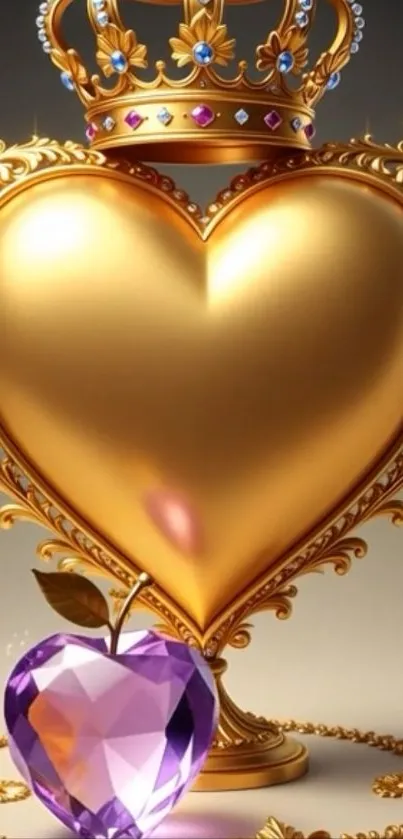 Golden heart with crown and purple gemstone apple.