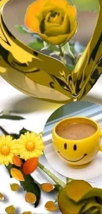 Golden heart with yellow rose and smiley mug in vivid wallpaper.