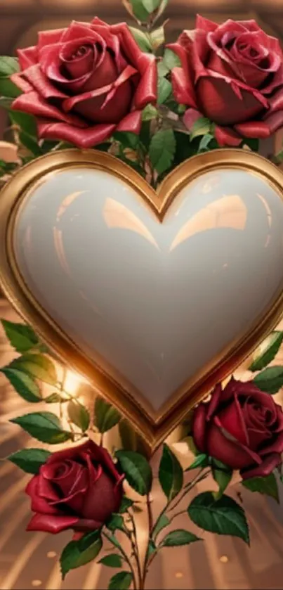 Golden heart and red roses on elegant wallpaper.