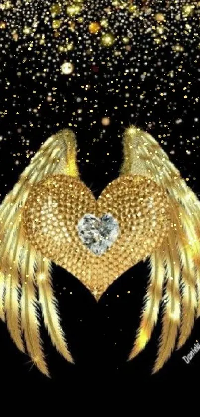 Golden heart with wings on a starry black background.