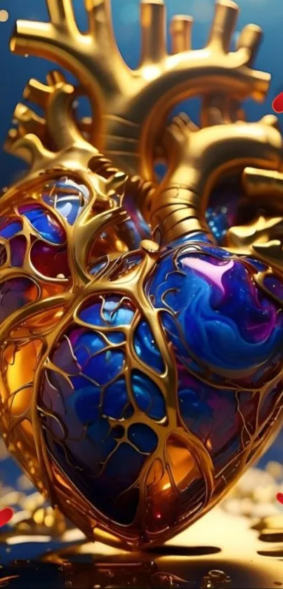 Surreal golden heart with vibrant colors.