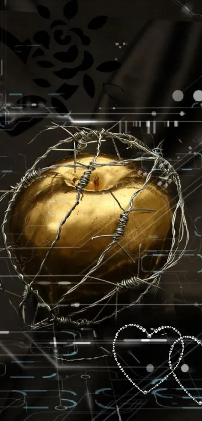 Golden heart wrapped in wire against dark-themed background.