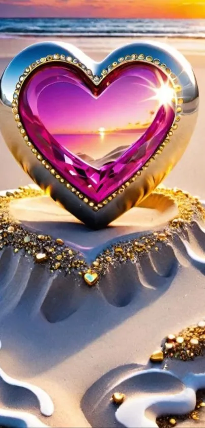 Golden heart on sand with beach sunset.
