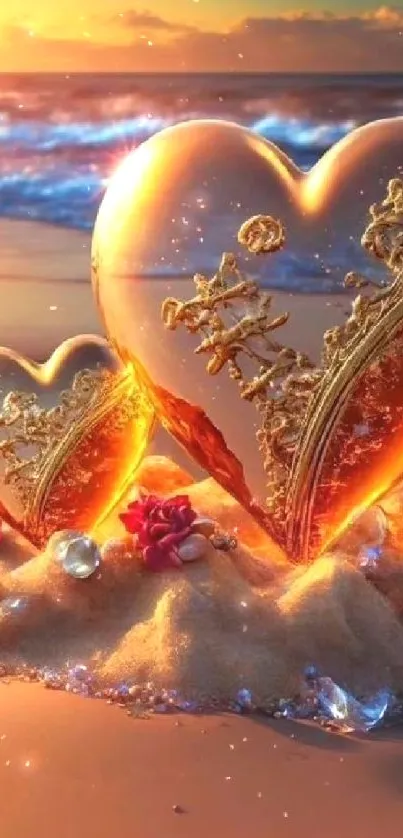 Golden hearts on a beach at sunset with ornate details and reflections.