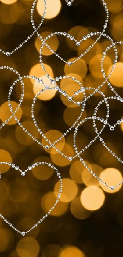 Golden heart bokeh mobile wallpaper with elegant light effect.