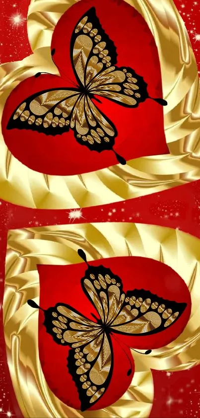 Golden butterflies with red hearts on elegant wallpaper.