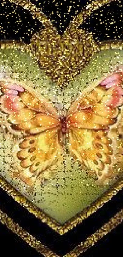 Golden butterfly inside a heart on black background.