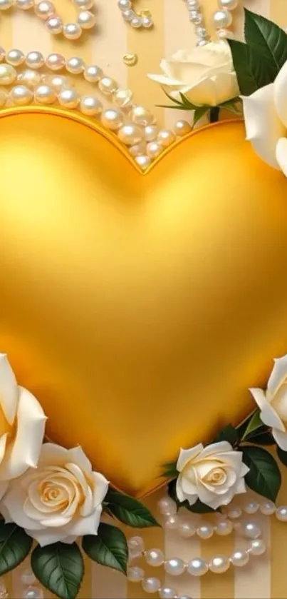 Golden heart with white roses and pearls in elegant design.