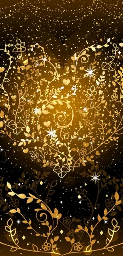 Gold heart and floral patterned mobile wallpaper.