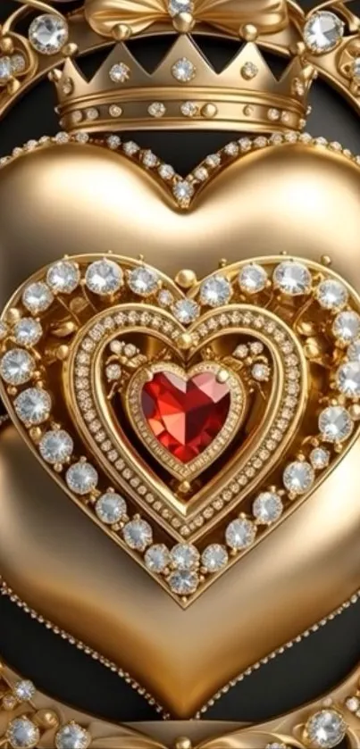 Elegant golden heart with red gem and crystals wallpaper.