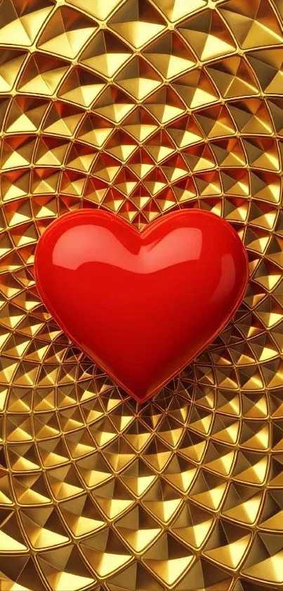 Red heart on a golden geometric pattern background.
