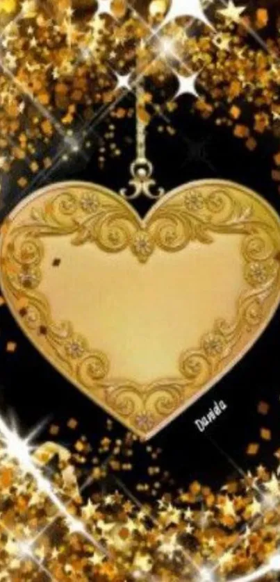 Golden heart with glitter and stars on black background.