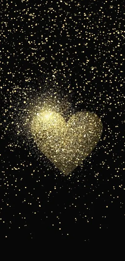 Golden heart glitter design on black wallpaper.