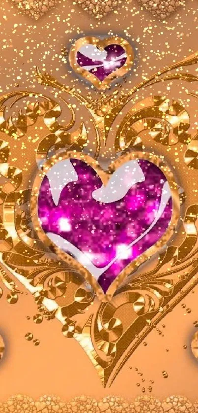 Golden heart wallpaper with purple glitter accents.