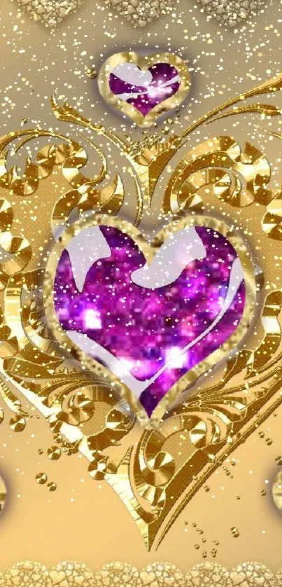 Golden heart design with purple gem center on elegant wallpaper.