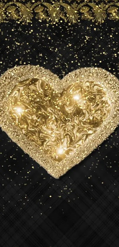 Golden heart glitter wallpaper with luxurious patterns and sparkle effect.