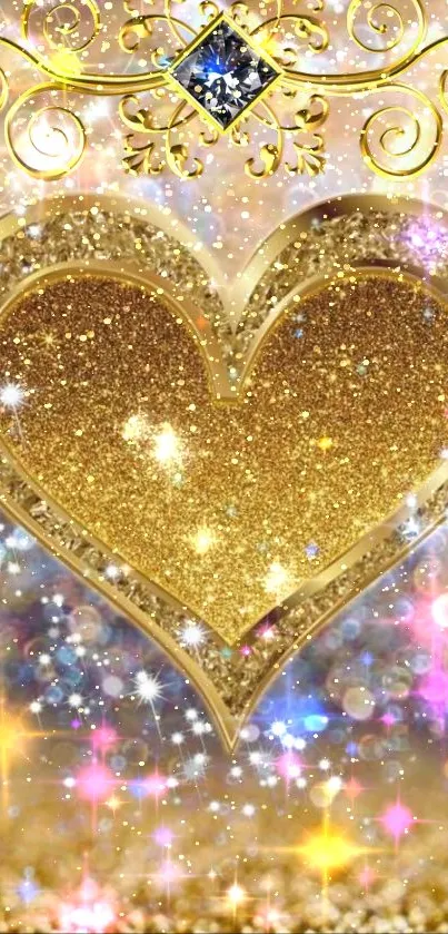 Golden heart with glitter and sparkles on an elegant background.