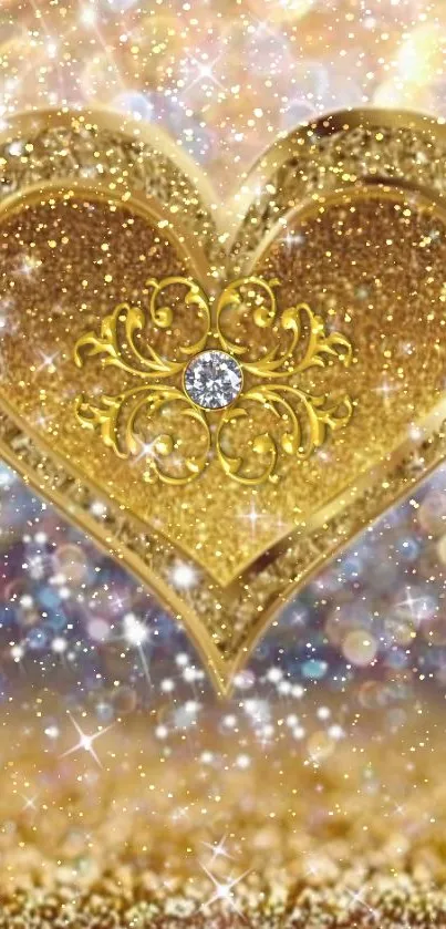 Golden heart with sparkling glitter, perfect for mobile wallpaper.