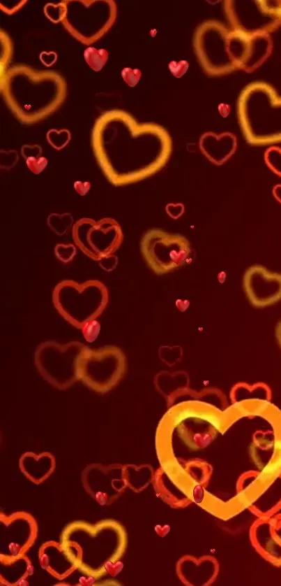 Vibrant mobile wallpaper with glowing golden hearts on a deep red background.