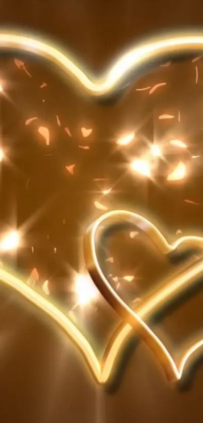 Golden glowing heart wallpaper with sparkles.