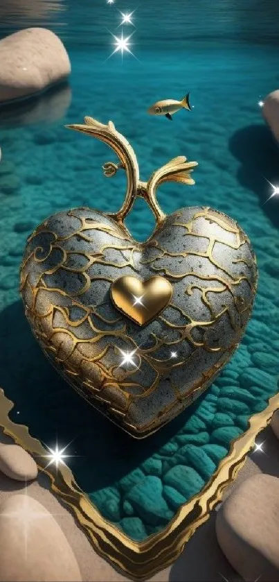 Golden heart submerged in clear water surrounded by stones.