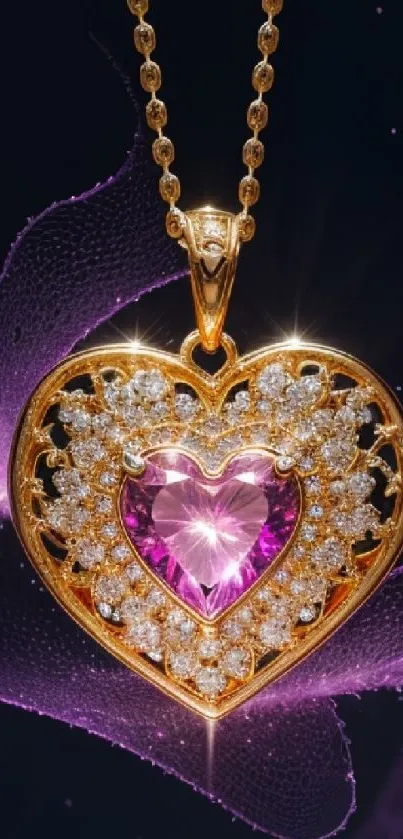 Golden heart necklace with amethyst and diamonds on a purple background.