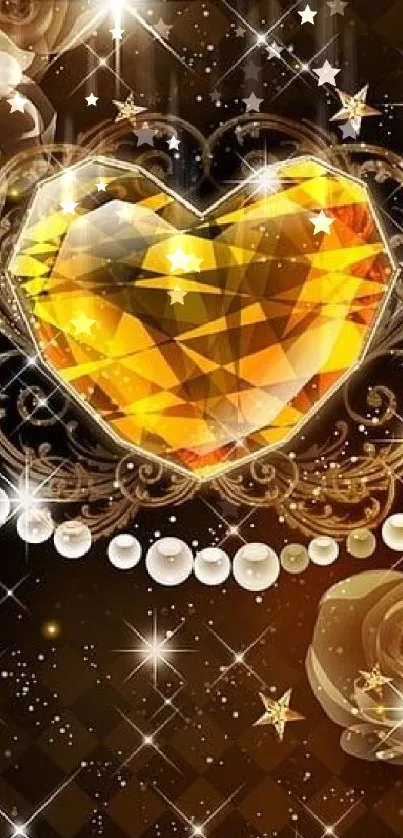 Luxurious golden heart with jewelry on glowing wallpaper background.