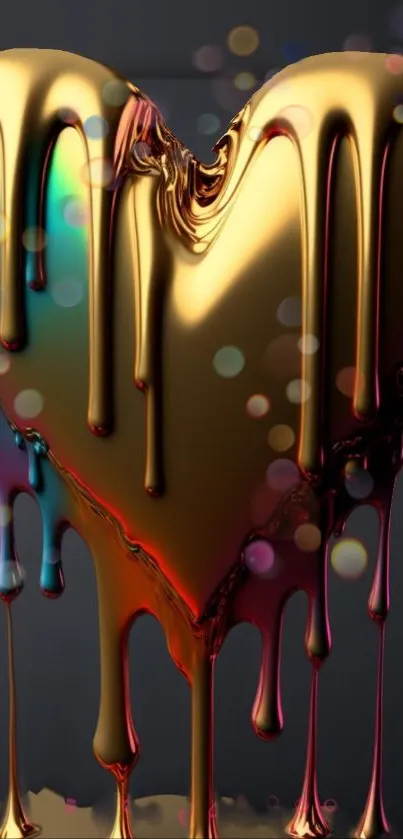 Golden heart with vibrant liquid drips wallpaper.