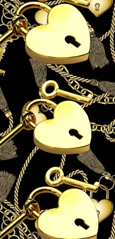 Golden heart locks and keys on a dark background mobile wallpaper.