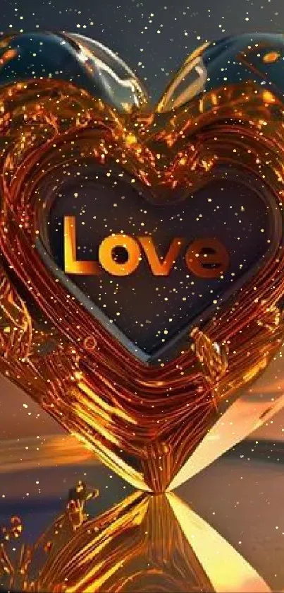 Golden heart with 'Love' inscribed, perfect for a warm, elegant mobile wallpaper.