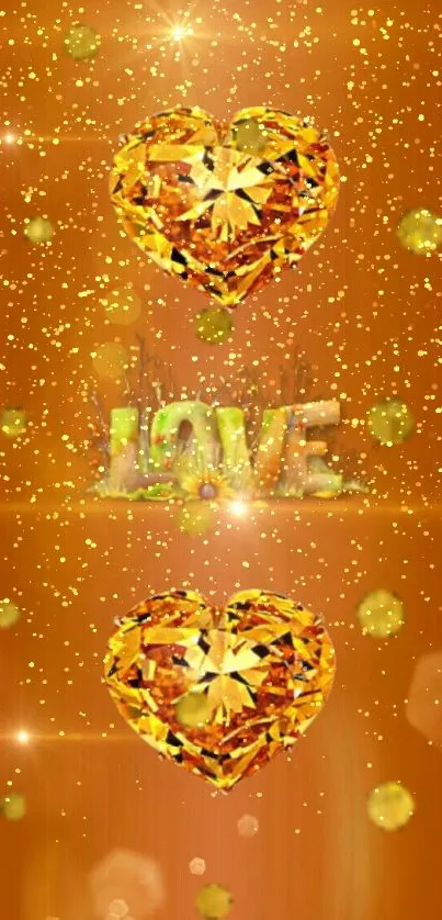 Golden heart love wallpaper with orange background and sparkling gemstones.