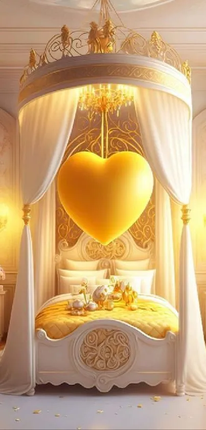 Luxurious golden heart-themed bedroom wallpaper with elegant decor.