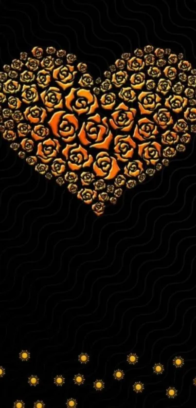 Wallpaper with golden rose heart on black background.