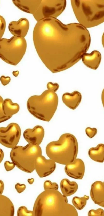 Golden metallic hearts floating on a white background.