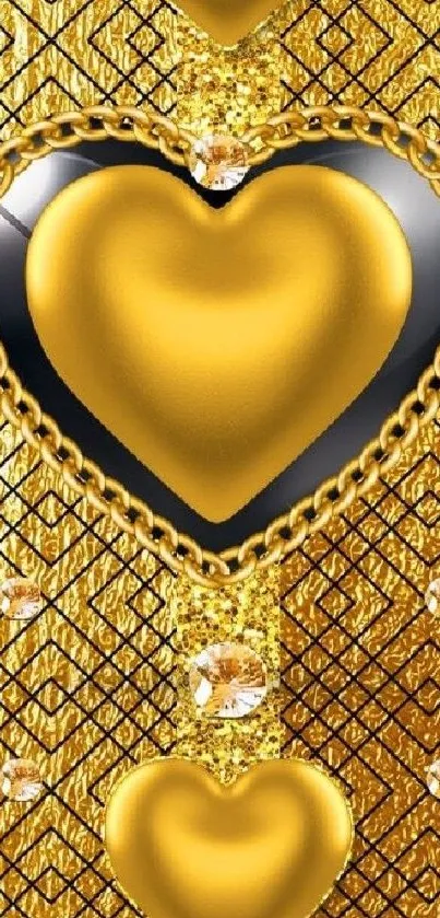 Luxurious golden heart wallpaper with diamond accents.