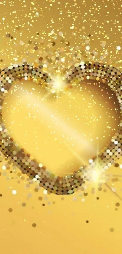 Golden heart with sparkles on yellow background wallpaper.